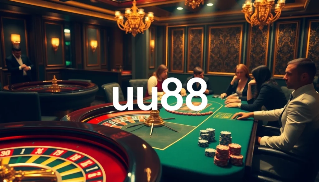 Experience the excitement of uu88 with players engaging in high-stakes poker and vibrant casino visuals.