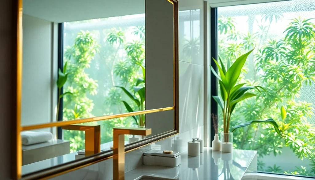Showcasing an elegant bathroom mirror reflecting a modern bathroom's serene ambiance.