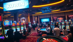 kuwin casino experience with vibrant gaming tables and excited players
