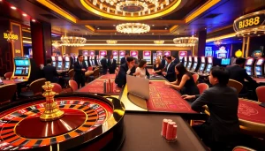 Experience the thrill of BJ388 with vibrant casino visuals depicting roulette, poker, and slot excitement.