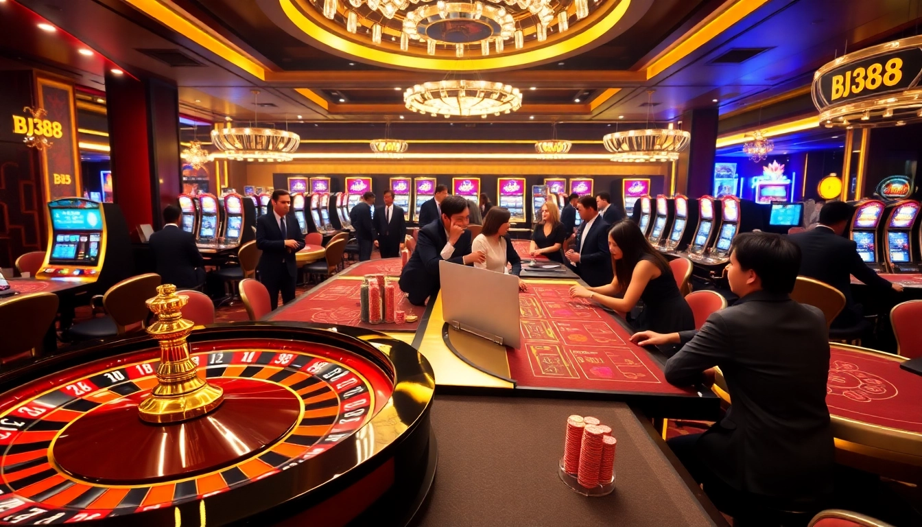 Experience the thrill of BJ388 with vibrant casino visuals depicting roulette, poker, and slot excitement.