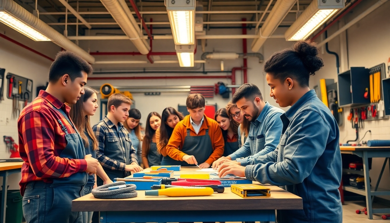 Engaged students studying at trade schools in Southern California with tools and collaborative projects.