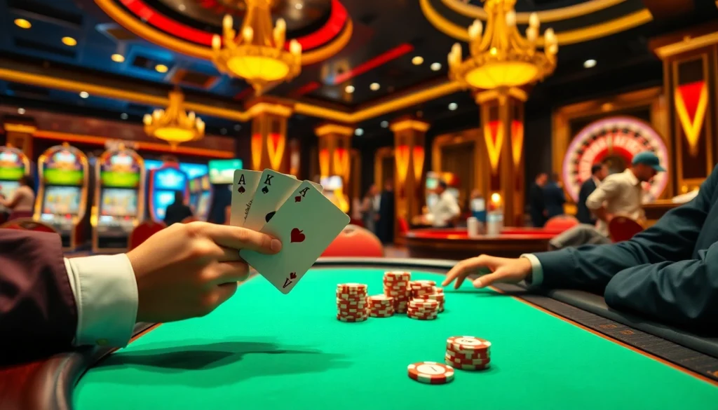 KP88 gamblers celebrating a winning hand at a luxurious poker table in a vibrant casino.