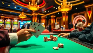 KP88 gamblers celebrating a winning hand at a luxurious poker table in a vibrant casino.
