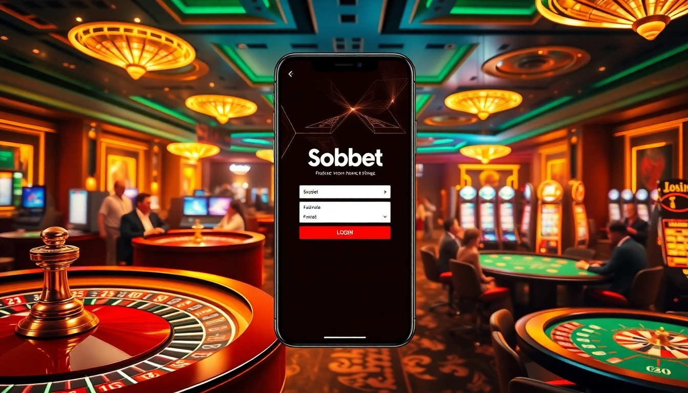 Sbobet login terbaru presented in a vibrant casino setting, featuring mobile betting and exciting gambling elements.