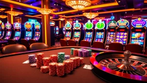 S8 casino scene showcasing vibrant slot machines, poker chips, and a roulette wheel.