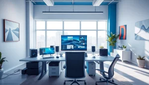 Maeden technology workspace filled with modern gadgets and bright natural lighting.