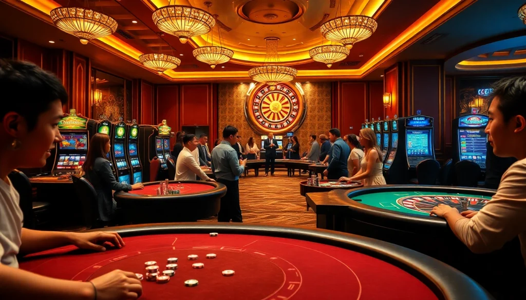 Excited players engaging in gambling games at the upscale TG88 casino interior.