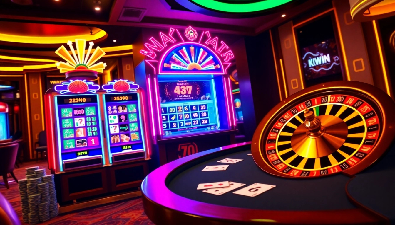 Experience the thrill of gambling at https://kuwin.ac/ with vibrant slot machines, poker chips, and roulette.