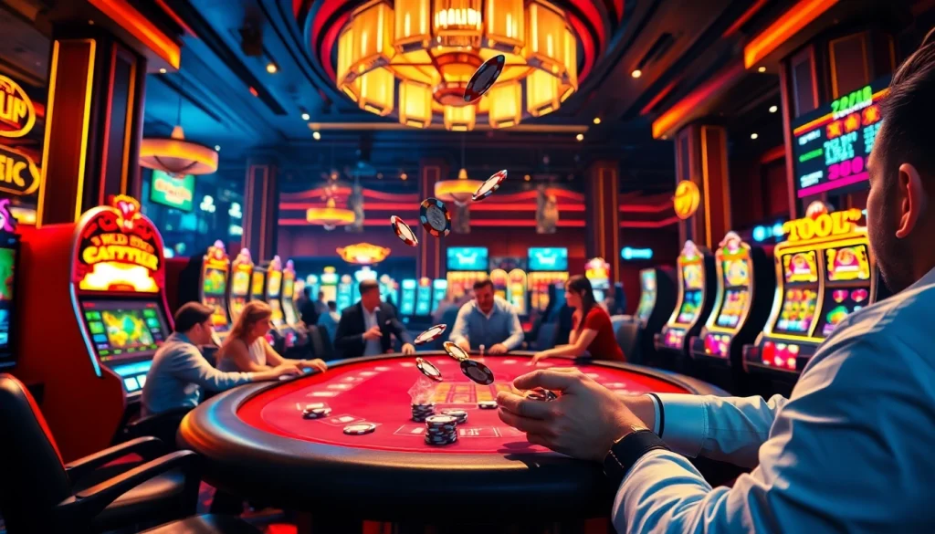 Action-packed scene featuring Tool xổ số siêu tốc in a luxurious casino setting.