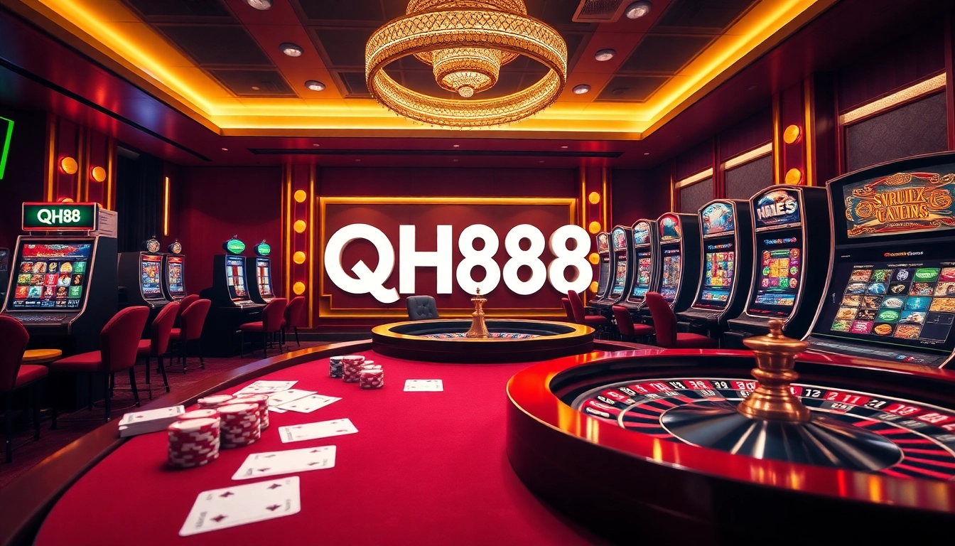 Experience thrilling gaming action at QH88 with vibrant casino tables, poker chips, and more.