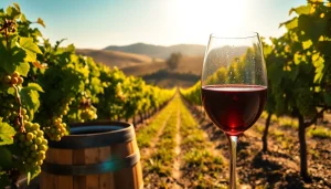 Savor wineries in Clarksburg with vibrant grapevines and a glass of wine beside a rustic barrel.