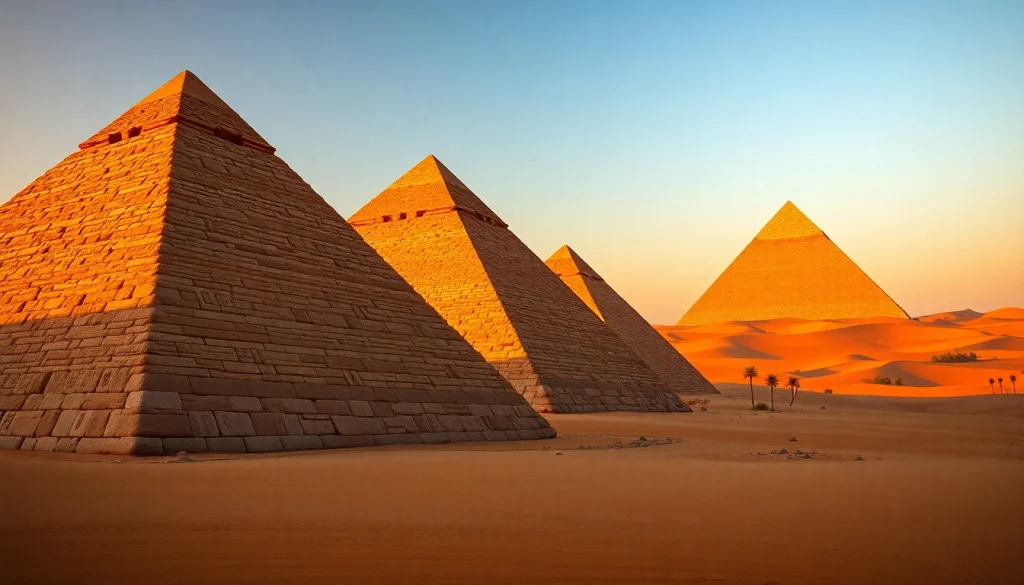 Selecting the most stunning view of piraminds against a sunset sky with warm colors.