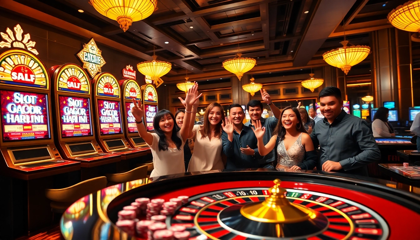 Experience the excitement of slot gacor hari ini with vibrant casino tables, enthusiastic players, and winning moments.