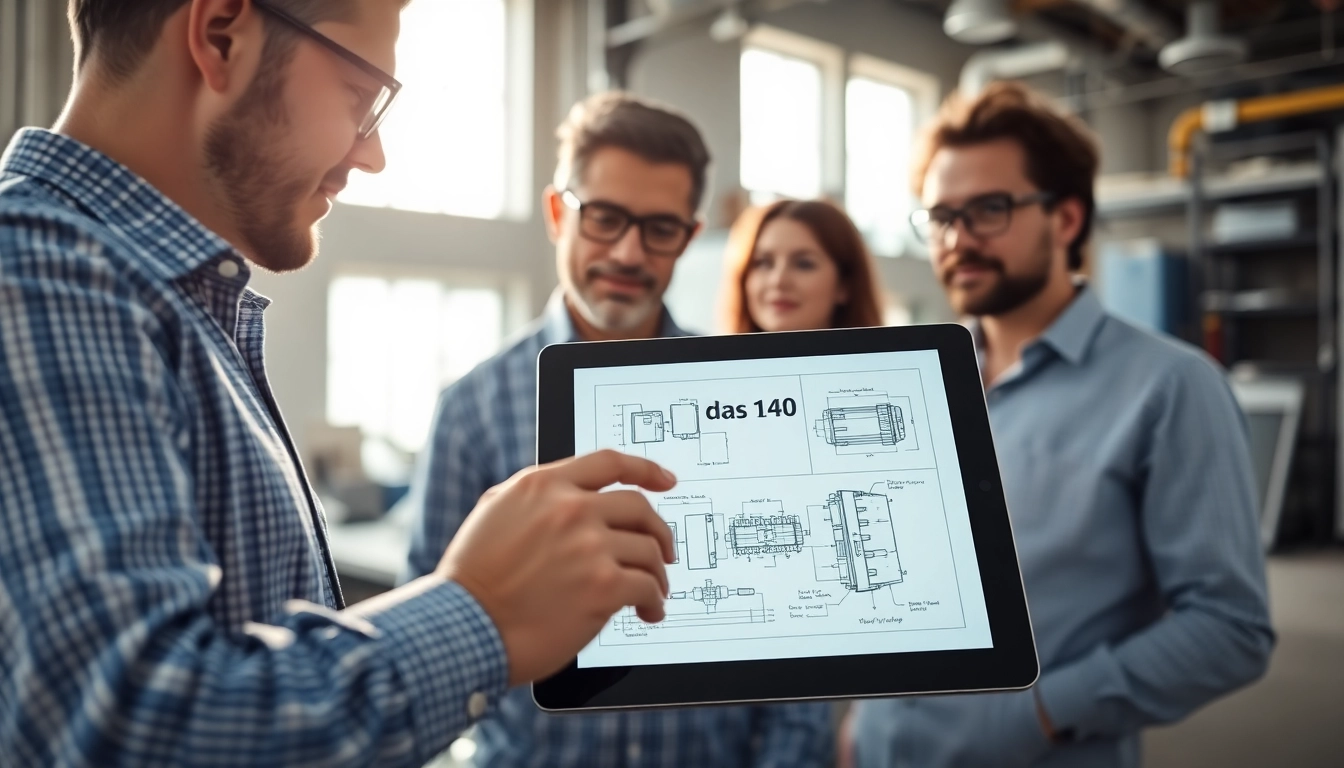 Engineers analyzing das 140 on a tablet in a vibrant office setting.