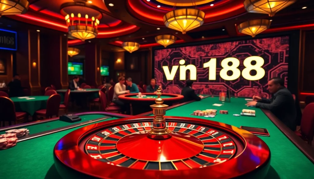 Excited players strategizing over chips in a vibrant casino atmosphere depicting vn168.