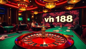 Excited players strategizing over chips in a vibrant casino atmosphere depicting vn168.