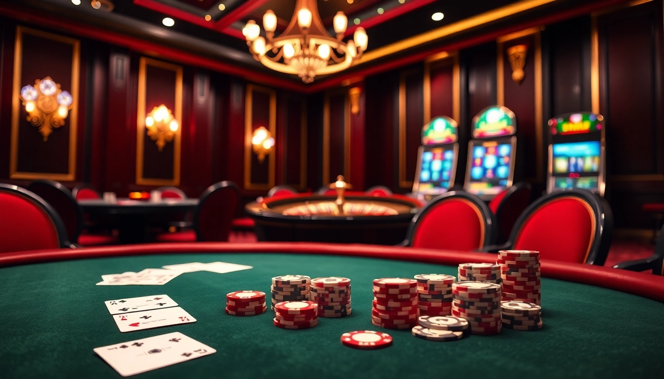 Experience the thrill of F8bet with a luxurious casino scene featuring poker tables and a roulette wheel.