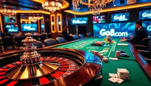 Excited players engaging in high-stakes games at Go8.com with luxurious casino elements.