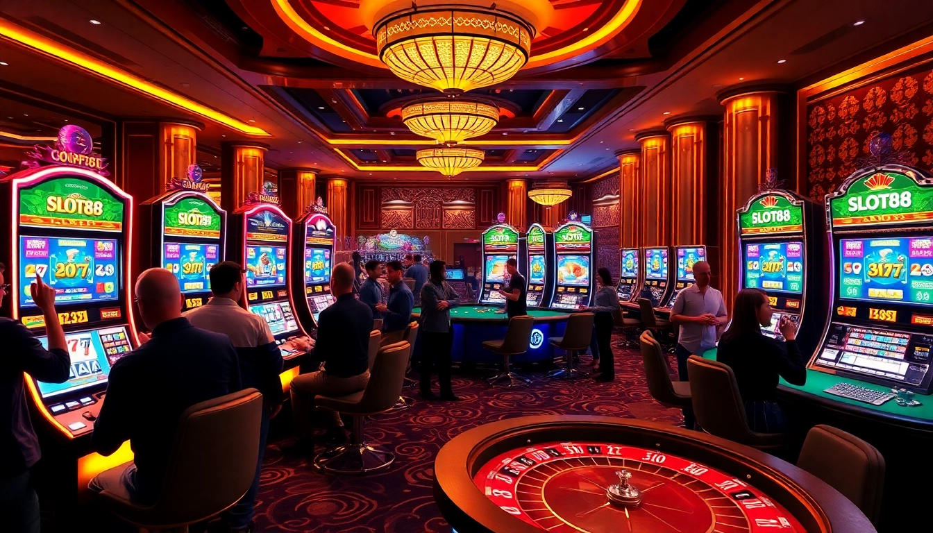 SLOT88 themed slot machines attracting enthusiastic players in a vibrant casino.
