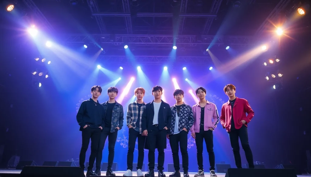 BTS members showcasing unity on stage with vibrant lighting and individual styles
