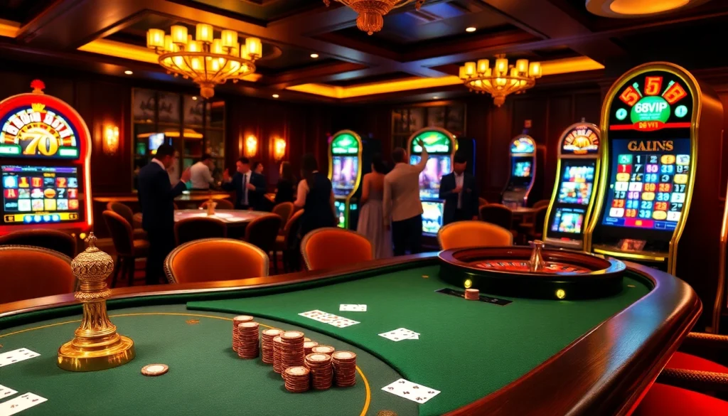 Action-packed scene at 68VIP casino, featuring poker tables and roulette wheels.