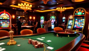 Action-packed scene at 68VIP casino, featuring poker tables and roulette wheels.