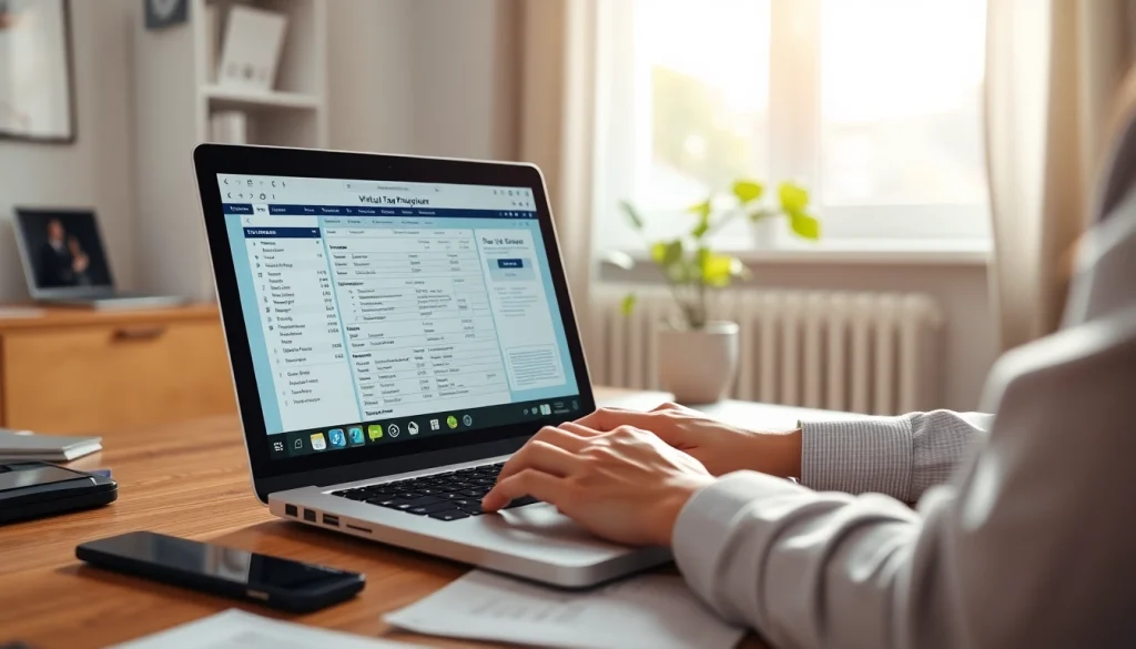 Engaged virtual tax preparer assisting clients professionally in a bright home office.