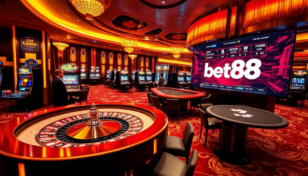 Experience the thrilling atmosphere of Bet88 at a vibrant casino gaming floor.