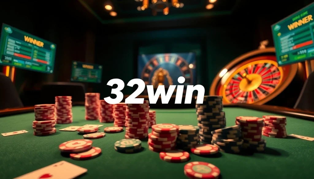Exciting casino atmosphere showcasing 32win with poker chips and cards on a shimmering table.