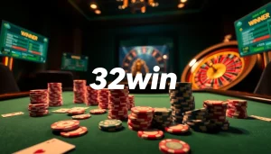 Exciting casino atmosphere showcasing 32win with poker chips and cards on a shimmering table.