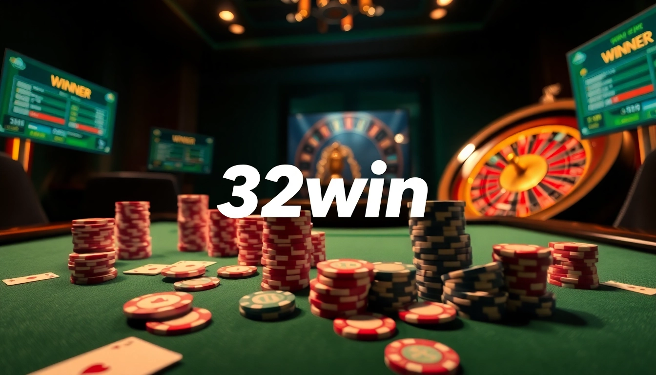 Exciting casino atmosphere showcasing 32win with poker chips and cards on a shimmering table.