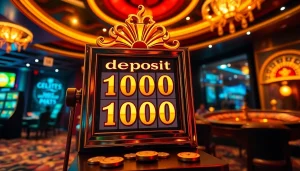 Lingkungan kasino yang mendebarkan menampilkan mesin slot Deposit 1000 dengan visual yang hidup dan elemen perjudian.