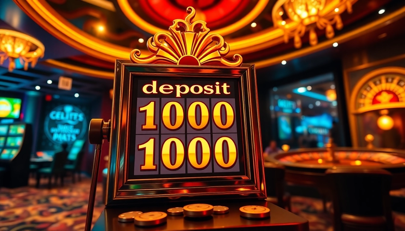 Lingkungan kasino yang mendebarkan menampilkan mesin slot Deposit 1000 dengan visual yang hidup dan elemen perjudian.