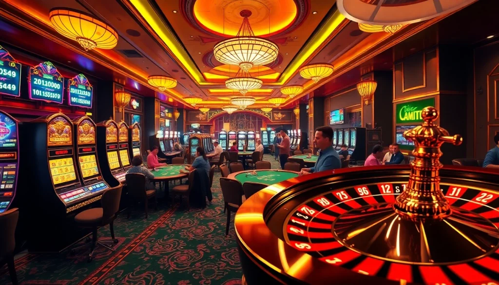 The hidden wiki reveals dark web insights in a vibrant casino scene with slot machines and poker tables.