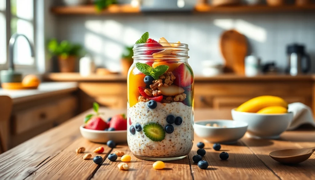 Bright and colorful mason jar breakfast contents display at https://masonjarbreakfast.com with fresh fruits and oats.