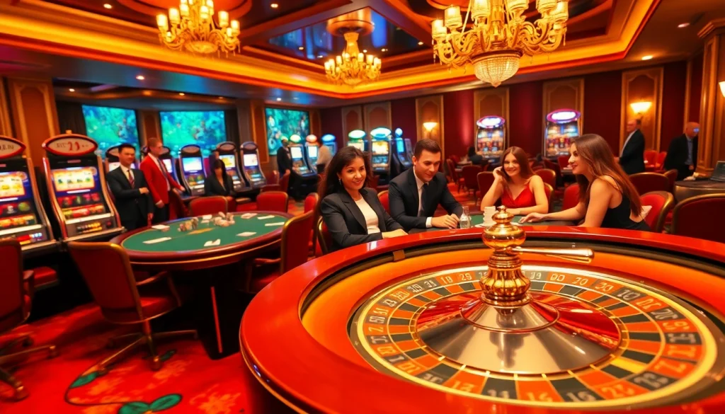 Người chơi thưởng thức poker cược cao tại casino LUCK8, giữa các máy xèng sôi động và bàn roulette.