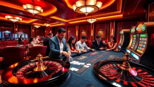 Players enjoying an exciting game at rr88 casino with poker chips, cards, and roulette wheel.