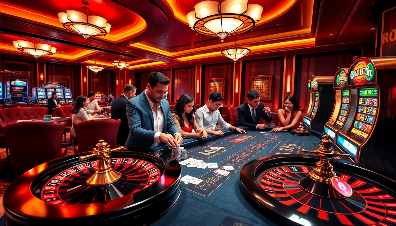 Players enjoying an exciting game at rr88 casino with poker chips, cards, and roulette wheel.