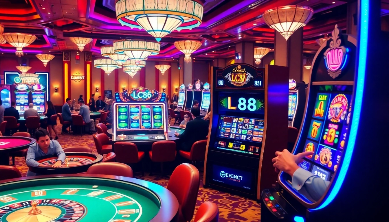 Players enjoying various games at LC88 casino with vibrant slot machine and tables
