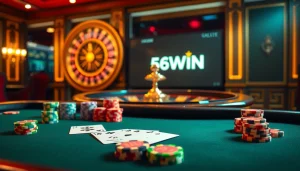 Experience the thrill of 56WIN casino gaming with vibrant poker chips and cards.