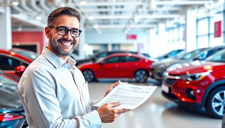 Customer receiving a car warranty with fast claims from a friendly agent in a bright showroom.