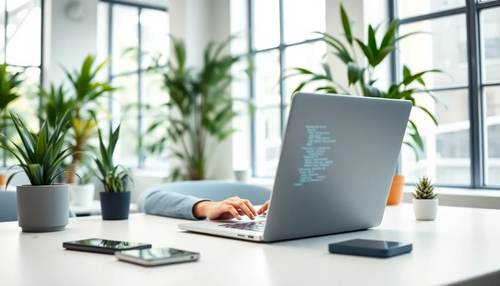 Engaging web developer at work on https://www.maeden.com/en, showcasing a modern office environment.