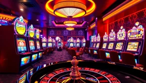 Experience the excitement of slot pulsa with vibrant casino slot machines and poker elements in a luxurious setting.