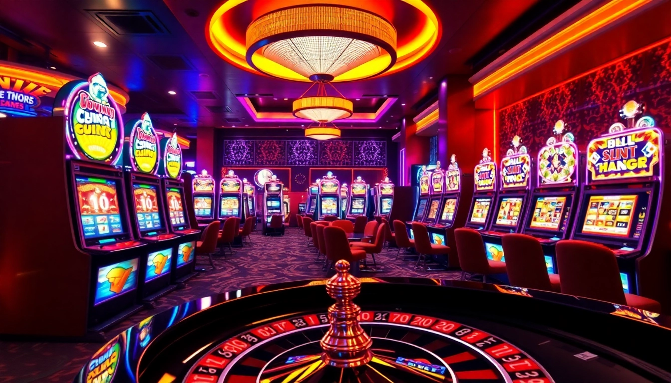 Experience the excitement of slot pulsa with vibrant casino slot machines and poker elements in a luxurious setting.