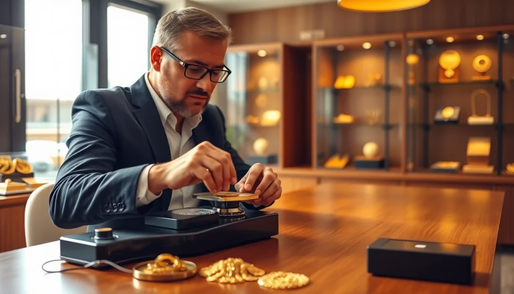 Goldankauf Kerpen - Fachmann wiegt Gold in einer einladenden Büroatmosphäre.