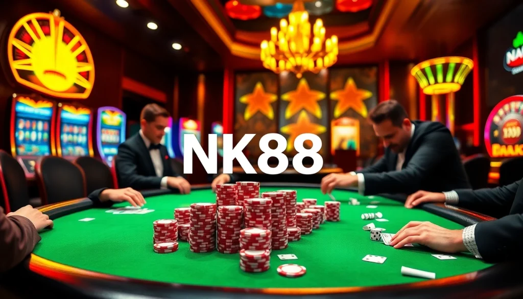 Players enjoying an exhilarating poker game at NK88 casino with vibrant chips and cards.