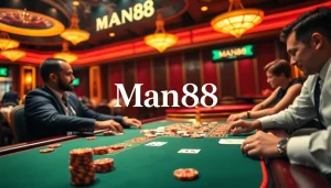 Exciting poker game scene at Man88 casino with vibrant chips and cards.