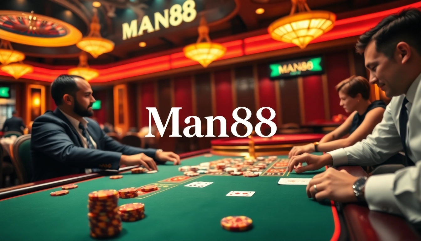 Exciting poker game scene at Man88 casino with vibrant chips and cards.