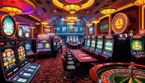 Adegan permainan slot pulsa yang seru dengan mesin berwarna-warni, meja kasino, dan pemain menikmati kemenangan besar.